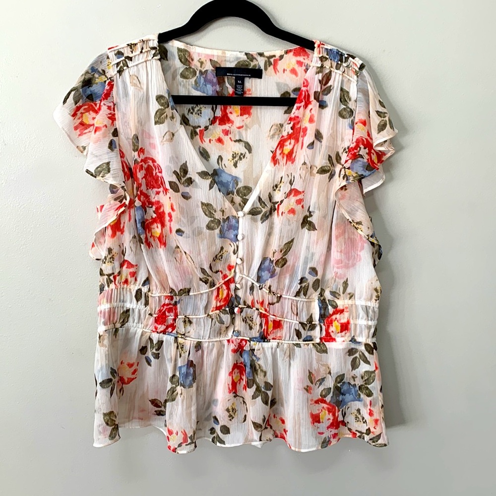 White House Black Market Flutter Sleeve Blouse with Waist Detail - Picture 4 of 10